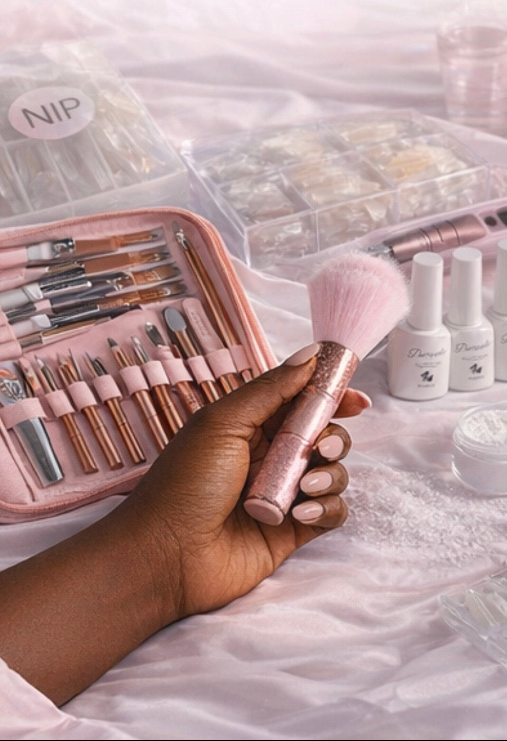 Nail art kit with tools and nail polish on a white surface, featuring the brand 'NIP'.